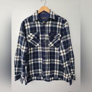 Vintage Woodland Plaid Flannel Shirt Mens Button Blue  Size L Lumberjack